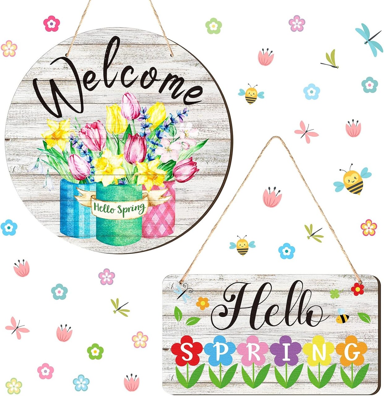 2-Piece “Hello Spring” Rustic Wood Signs – Front Door & Wall Hanging Decor with Flowers for Home, Indoor & Outdoor